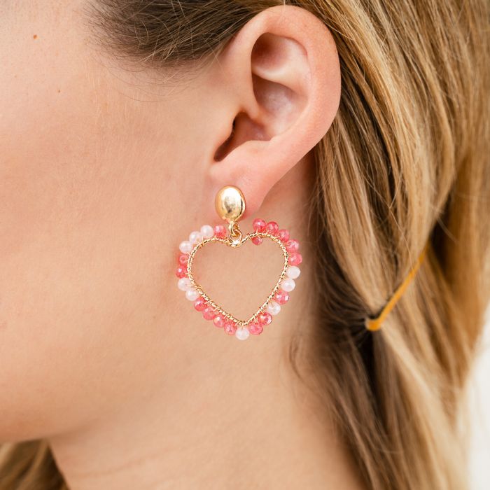 Kralen hart oorbellen pink mix