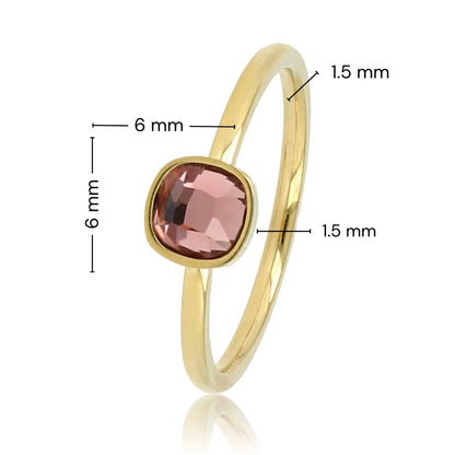 Gouden Ring met Vierkante Glassteen • Donkerroze