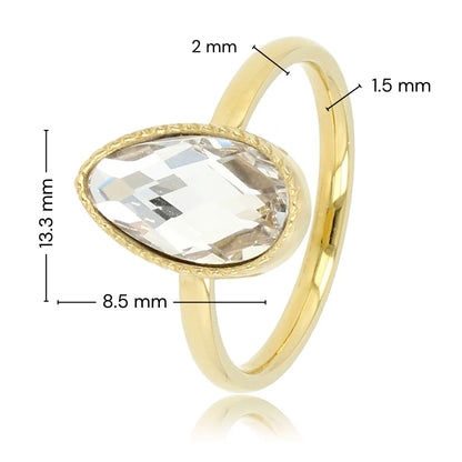 Ring met Druppel Glassteen & Getwist Randje • Kristal • Goud