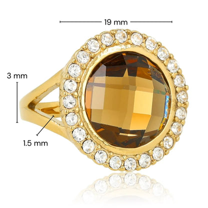 Elegante Ring met Ronde Glassteen & Zirkonia • Smoky Topaz