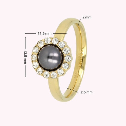Gouden ring - zwarte parel - zirkonia steentjes