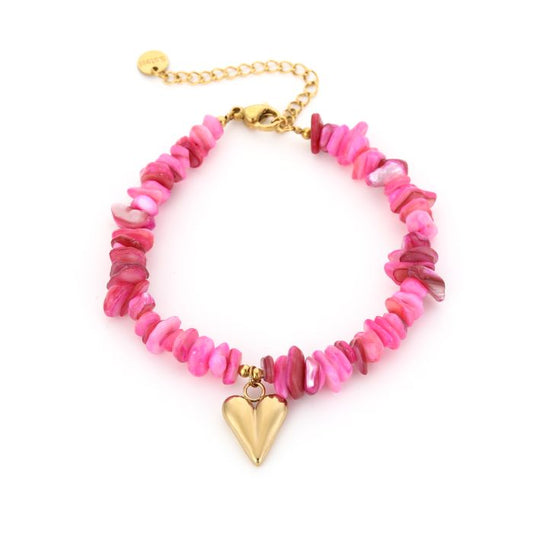 Natuurstenen armband met hartje fushia