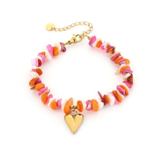 Natuurstenen armband met hartje orange mix