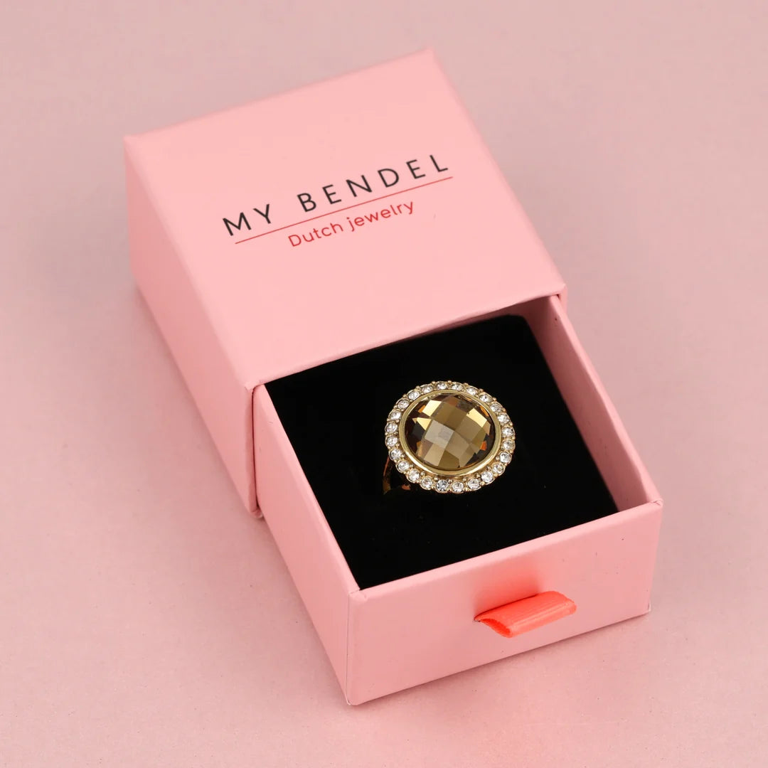 Elegante Ring met Ronde Glassteen & Zirkonia • Smoky Topaz