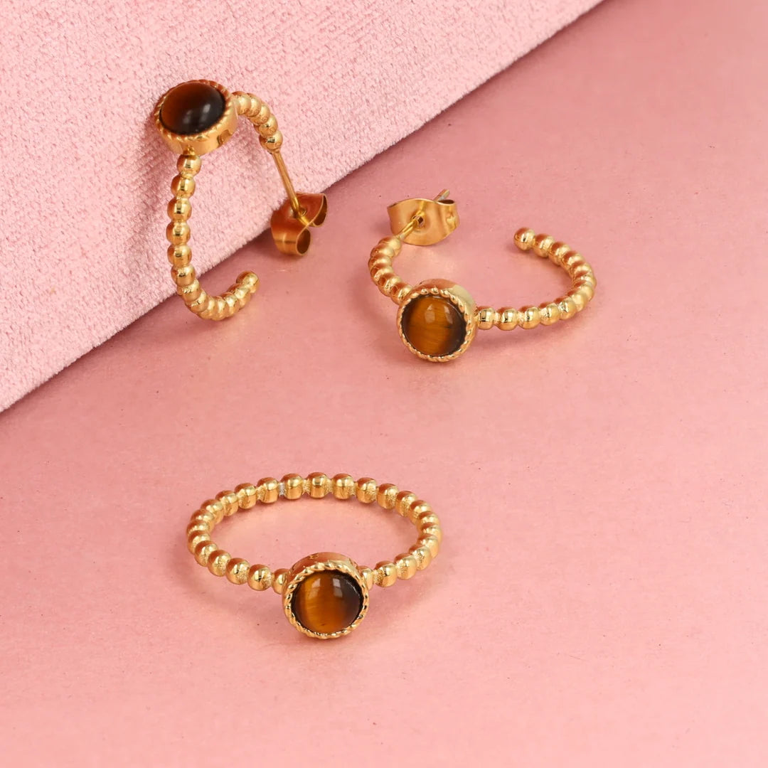 Bolletjes Ring met Ronde Edelsteen • Tiger Eye