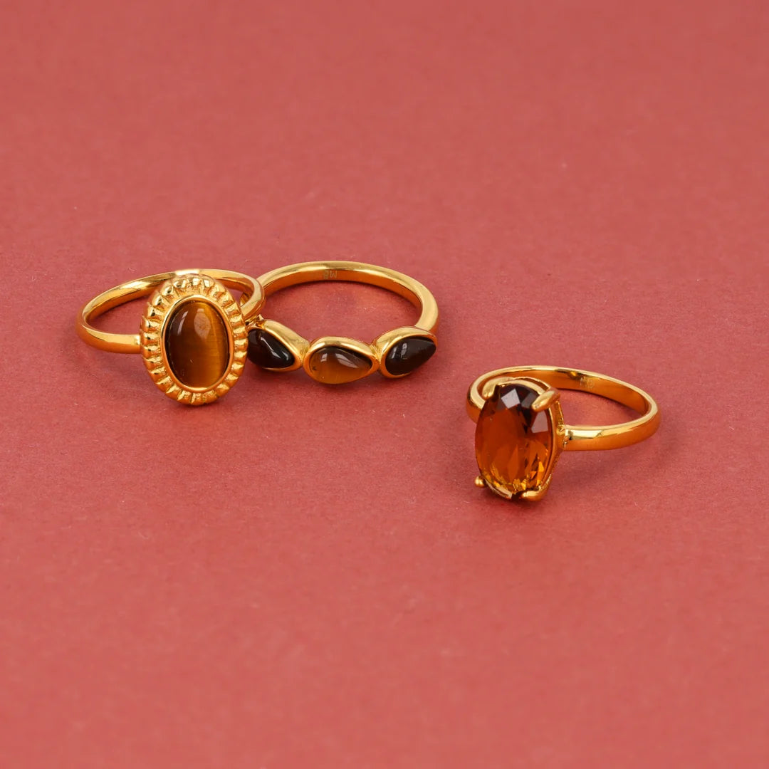 Druppel Ring met Edelstenen • Tiger Eye, Brown Quartz & Agate