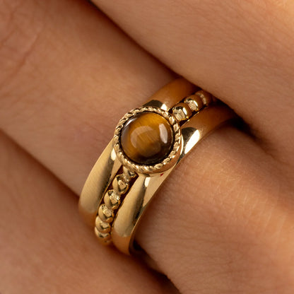 Bolletjes Ring met Ronde Edelsteen • Tiger Eye