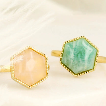 Gouden Zeshoek Ring met Rose Quartz Edelsteen