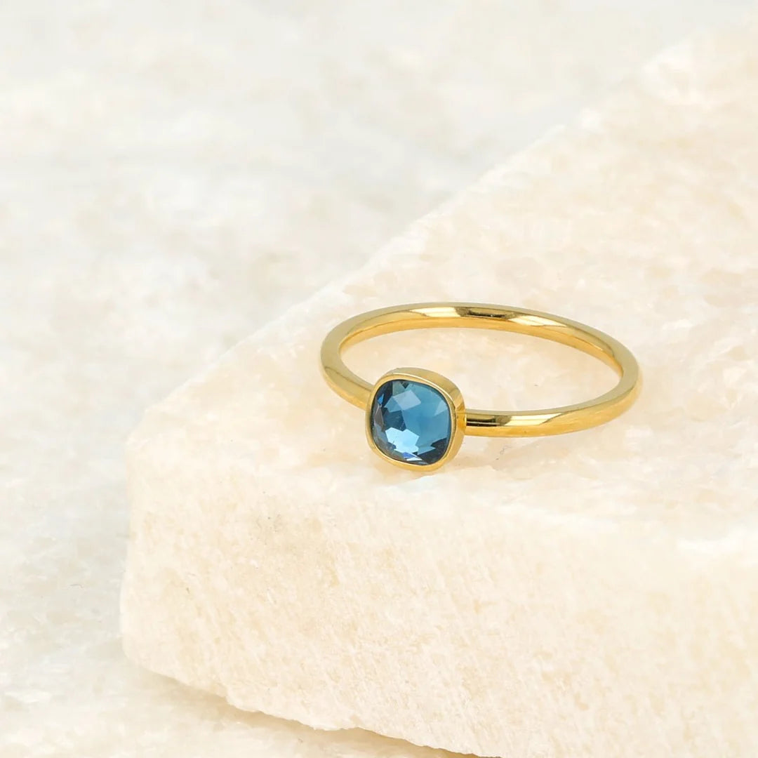 Gouden Ring met Vierkante Glassteen • Blauw