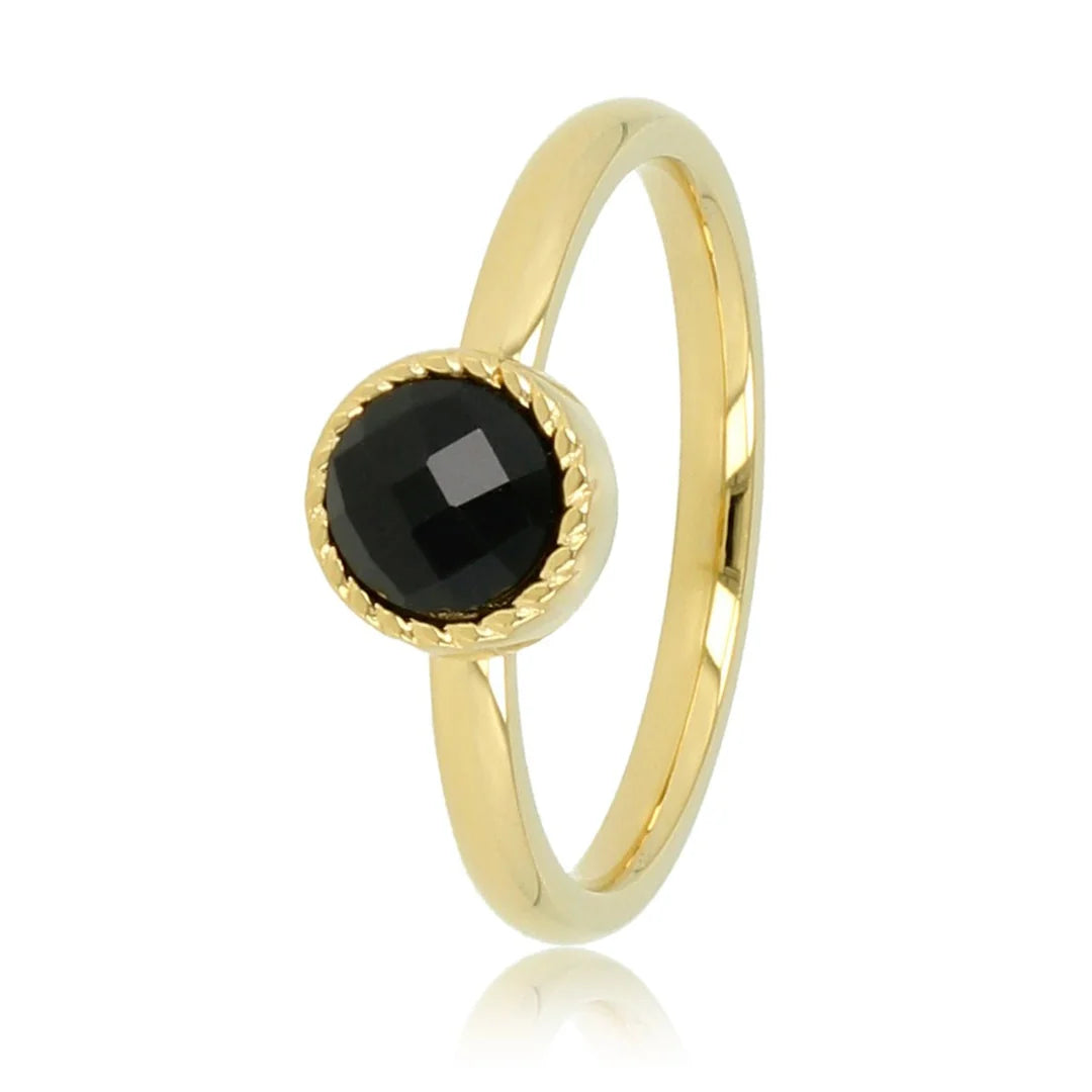 Ring met Ronde Glassteen & Getwist Randje • Zwart • Goud