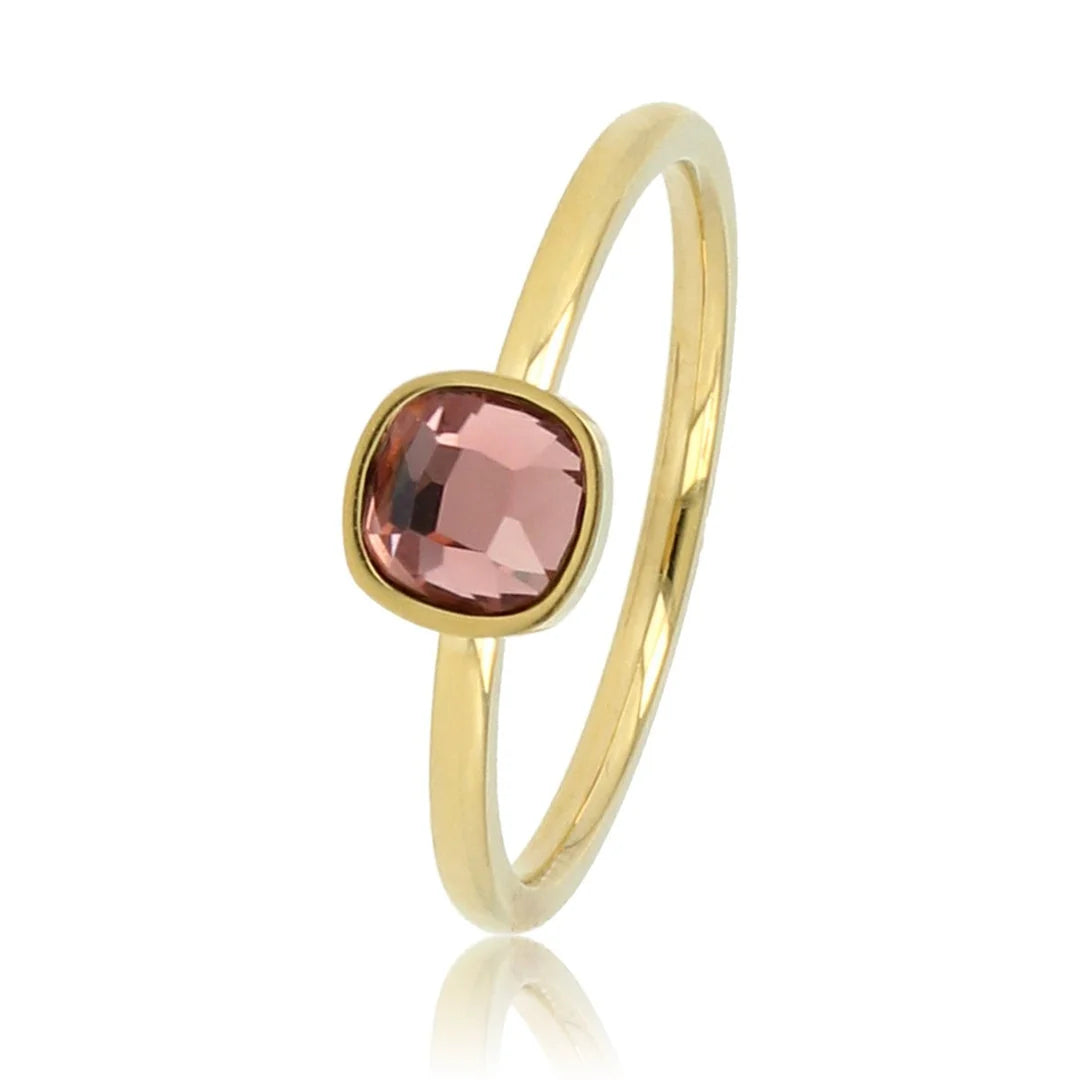 Gouden Ring met Vierkante Glassteen • Donkerroze