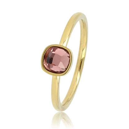 Gouden Ring met Vierkante Glassteen • Donkerroze