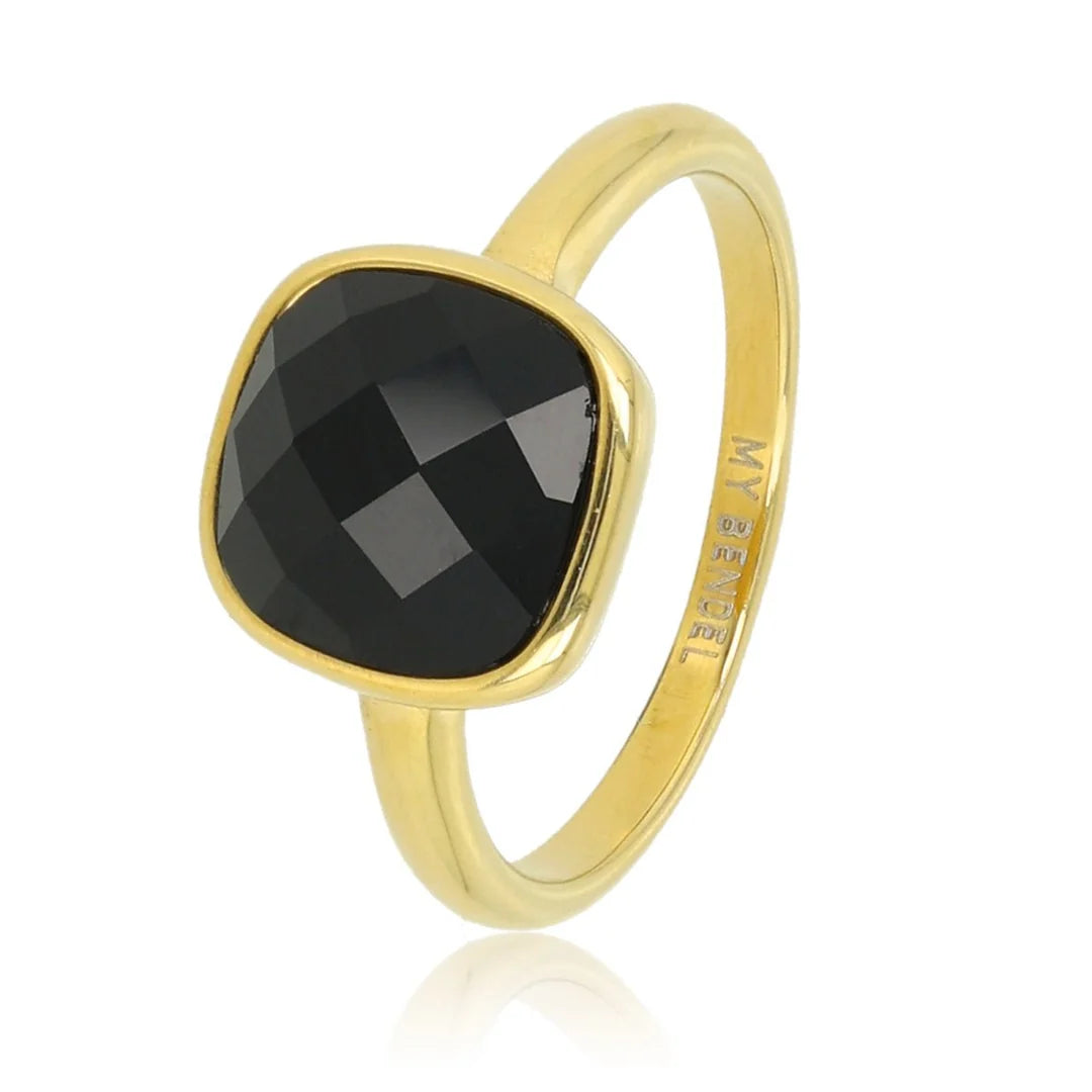 Gouden ring - Zwarte facet kristal glassteen