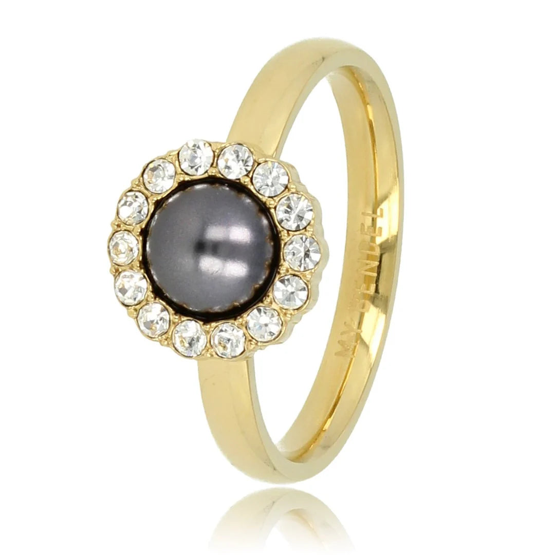 Gouden ring - zwarte parel - zirkonia steentjes