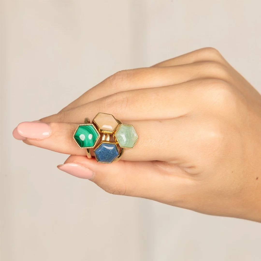 Gouden Zeshoek Ring met Rose Quartz Edelsteen