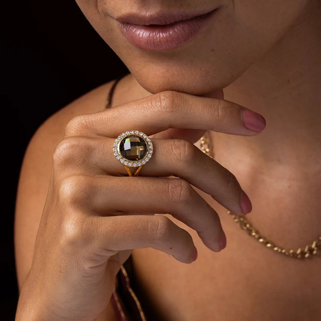 Elegante Ring met Ronde Glassteen & Zirkonia • Smoky Topaz