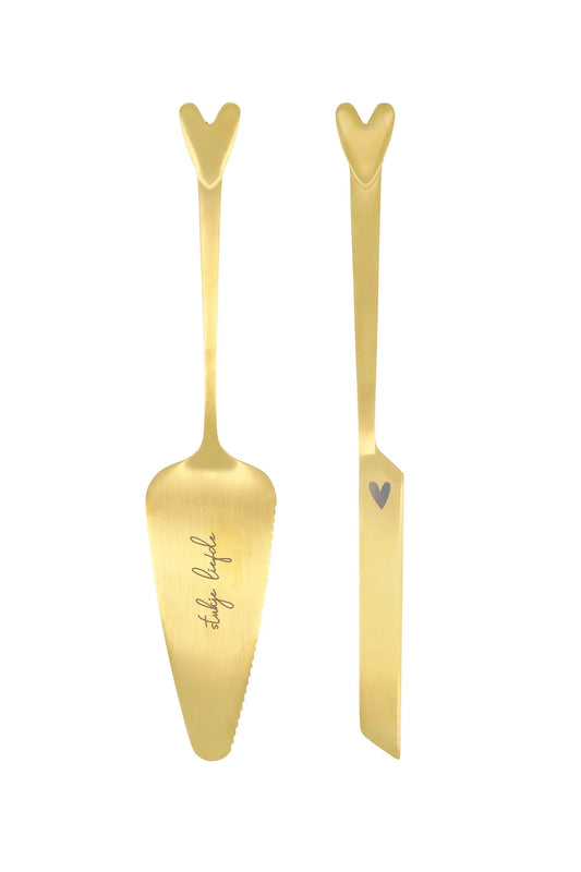 Zusss taartschep en taartmes hartje goud